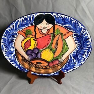 El Salvador Hand Painted Ceramic Folk Art Fruit Woman Oval Platter